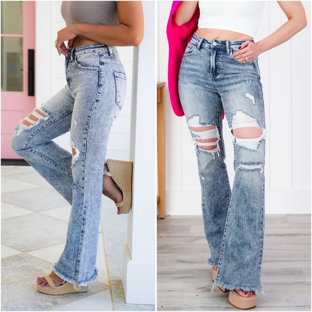 SOLD NEW Acid Washed Ripped Flare Jeans by Risen sz 15/32 Buckle - Picture 5 of 9